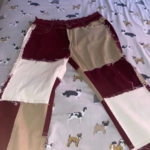 This is ruffled design Burgundy, Tan and off-white Jeans from Fashion Nova.